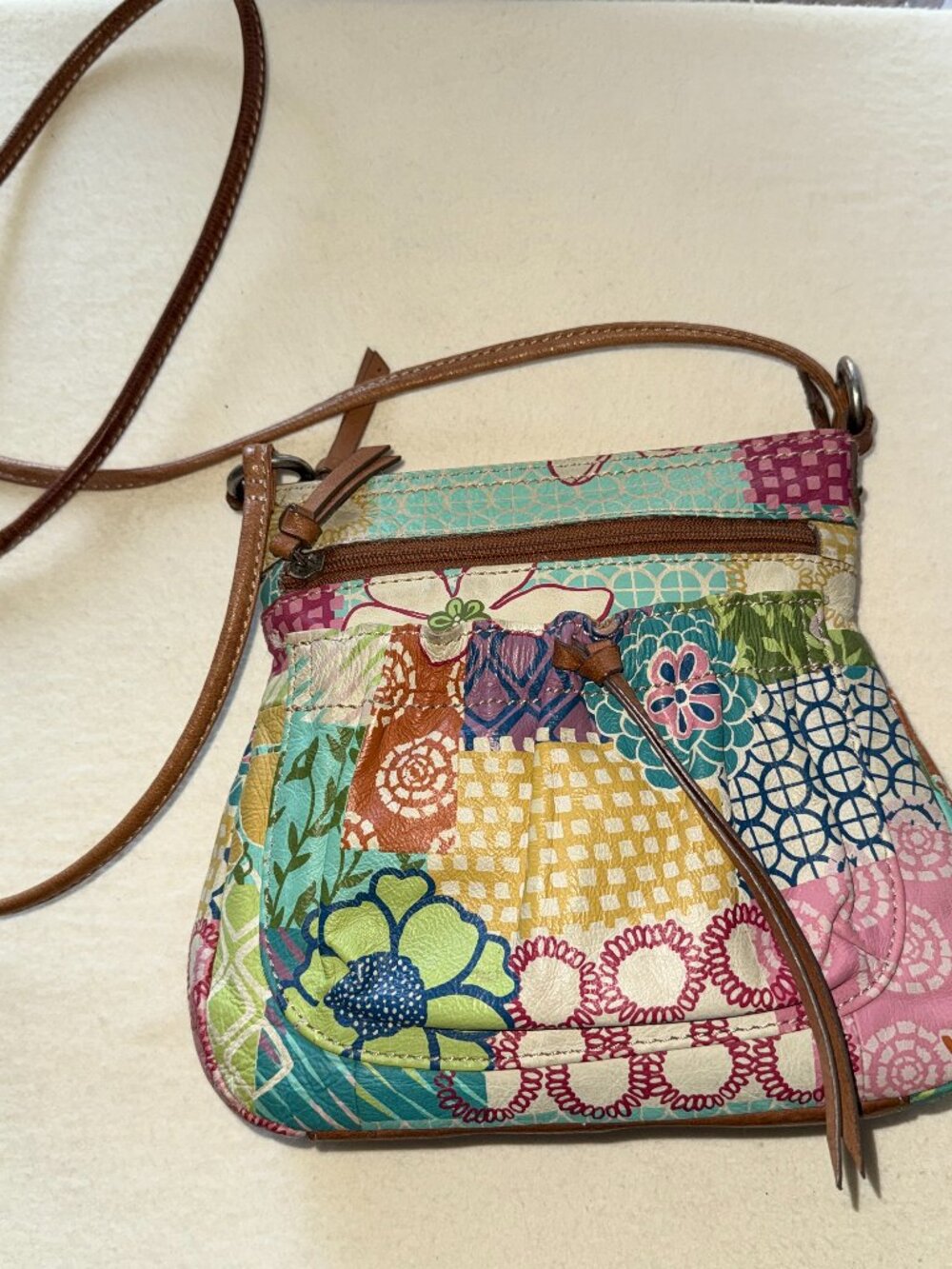 Y2K Fossil Canvas Floral Patchwork Hobo Crossbody Bag Brown Leather Strap